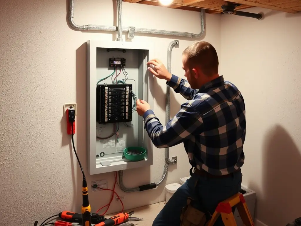 A residential home's electrical panel being upgraded by a certified electrician, showcasing the complexity and safety measures involved in residential electrical service upgrades.