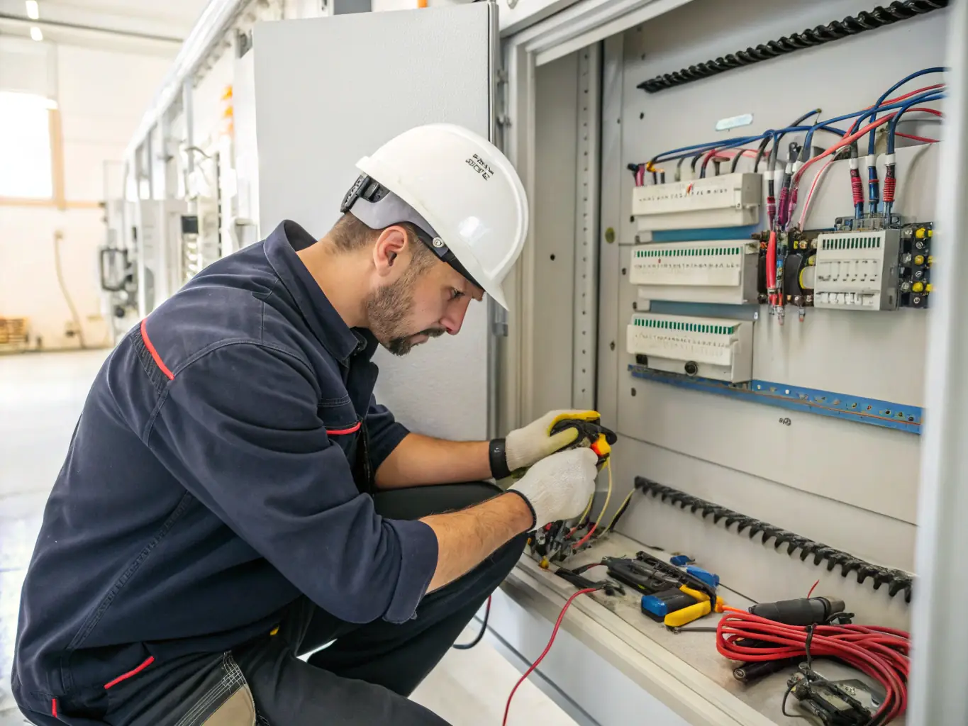 An electrician from Omega Electric Inc. working on a commercial electrical panel upgrade in a business located in Bucks County, PA.