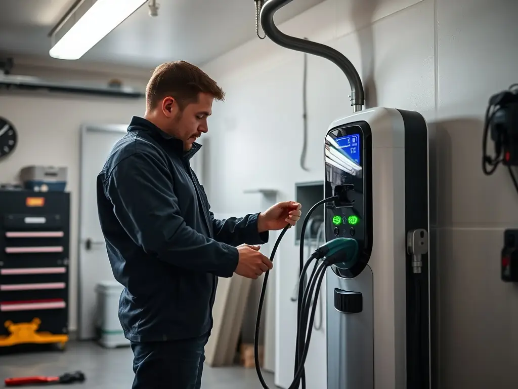 A close-up shot of an electric car charging station being installed in a residential garage, emphasizing the growing demand for EV charging solutions.