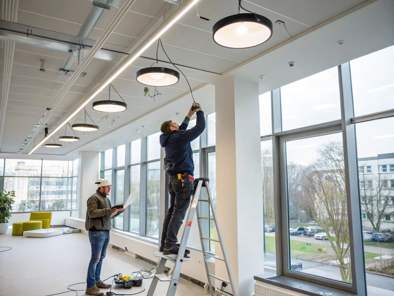 An electrician installing energy-efficient lighting in a modern office space, highlighting the benefits of commercial lighting solutions.