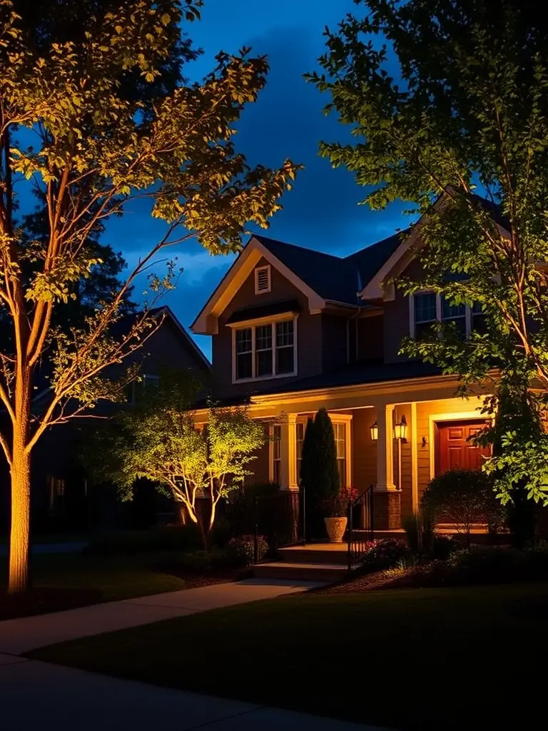 Outdoor landscape lighting installed by Omega Electric illuminating a Berks County home at dusk, showcasing the aesthetic and security benefits.