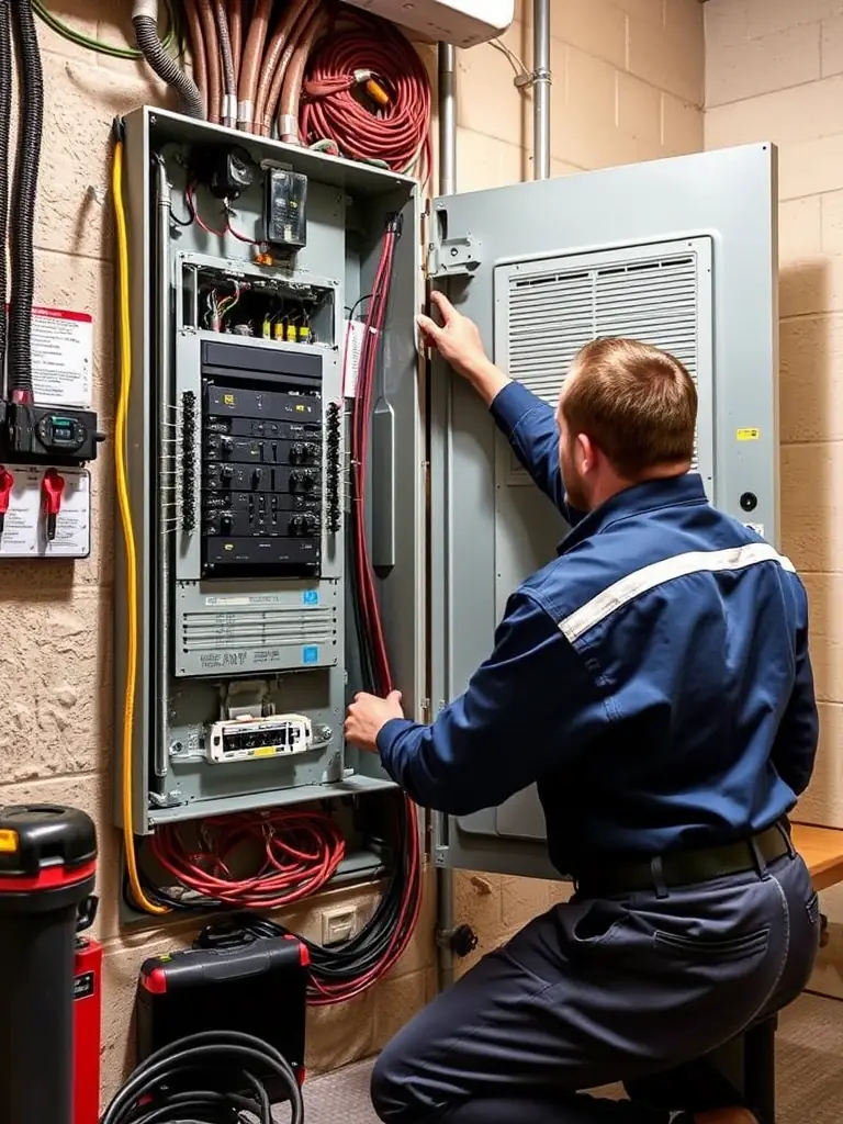 A commercial building's electrical panel being upgraded by a technician in Montgomery County, PA, showcasing Omega Electric Inc.'s service upgrade capabilities.