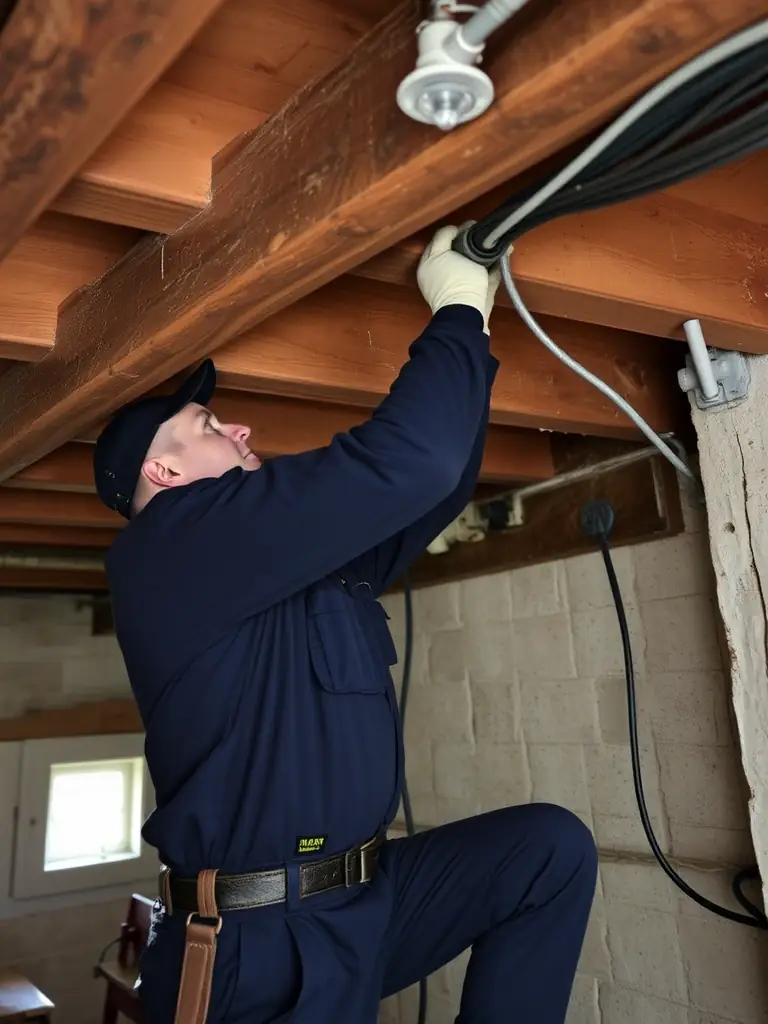 An Omega Electric electrician carefully rewiring an older home in Berks County, replacing outdated knob-and-tube wiring.