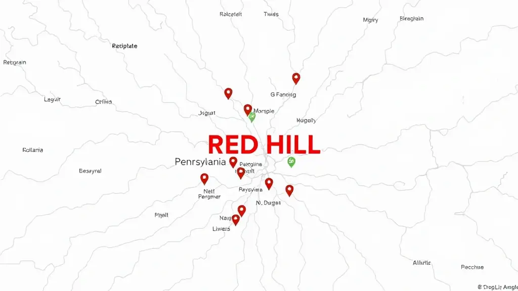 A map of Red Hill, Pennsylvania, and surrounding areas, highlighting the service area of Omega Electric Inc.