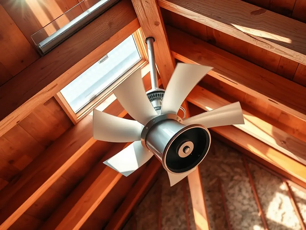 A high-angle shot of an attic fan installed in a residential attic, showing the fan blades and motor, with sunlight streaming through the attic vents.