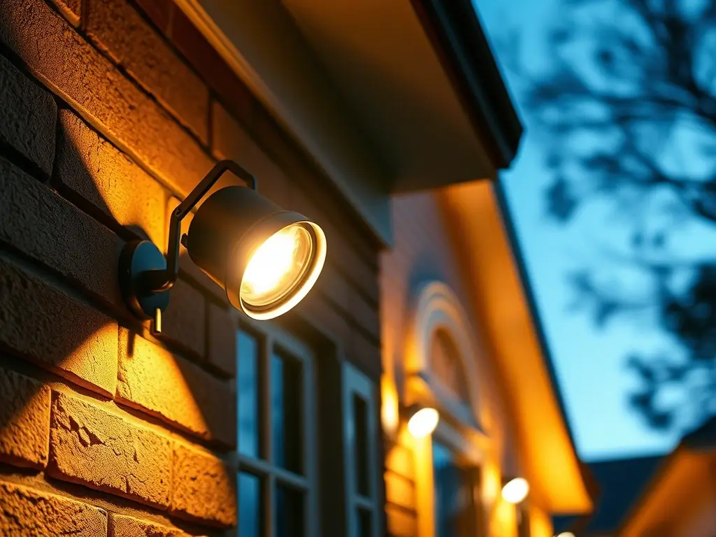 A close-up of spotlights illuminating the architectural details of a home's facade, emphasizing its unique features with warm, inviting light, installed by Omega Electric Inc.