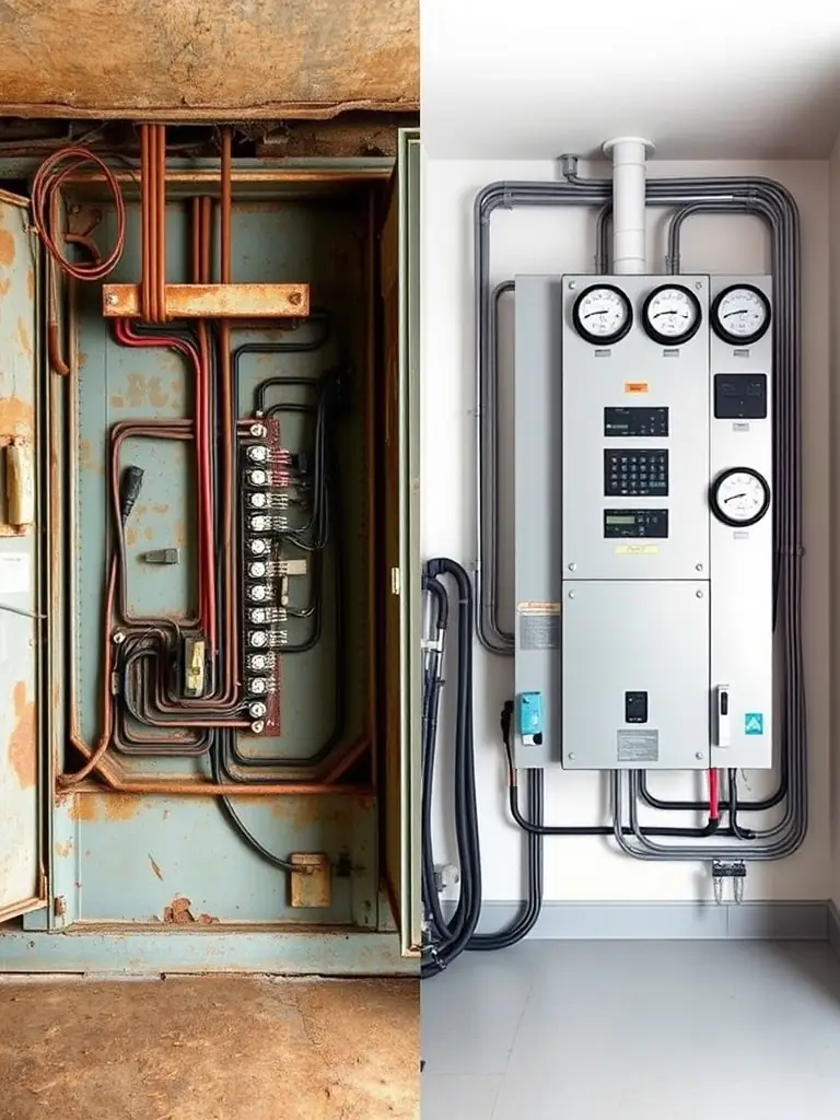 A split image showing an old, outdated electrical panel on one side and a new, upgraded panel on the other, highlighting the visual and functional differences.