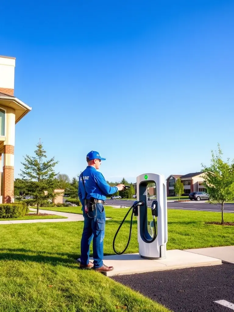 An electrician installing an EV charging station at a commercial property in Montgomery County, PA, showcasing Omega Electric Inc.'s modern solutions.
