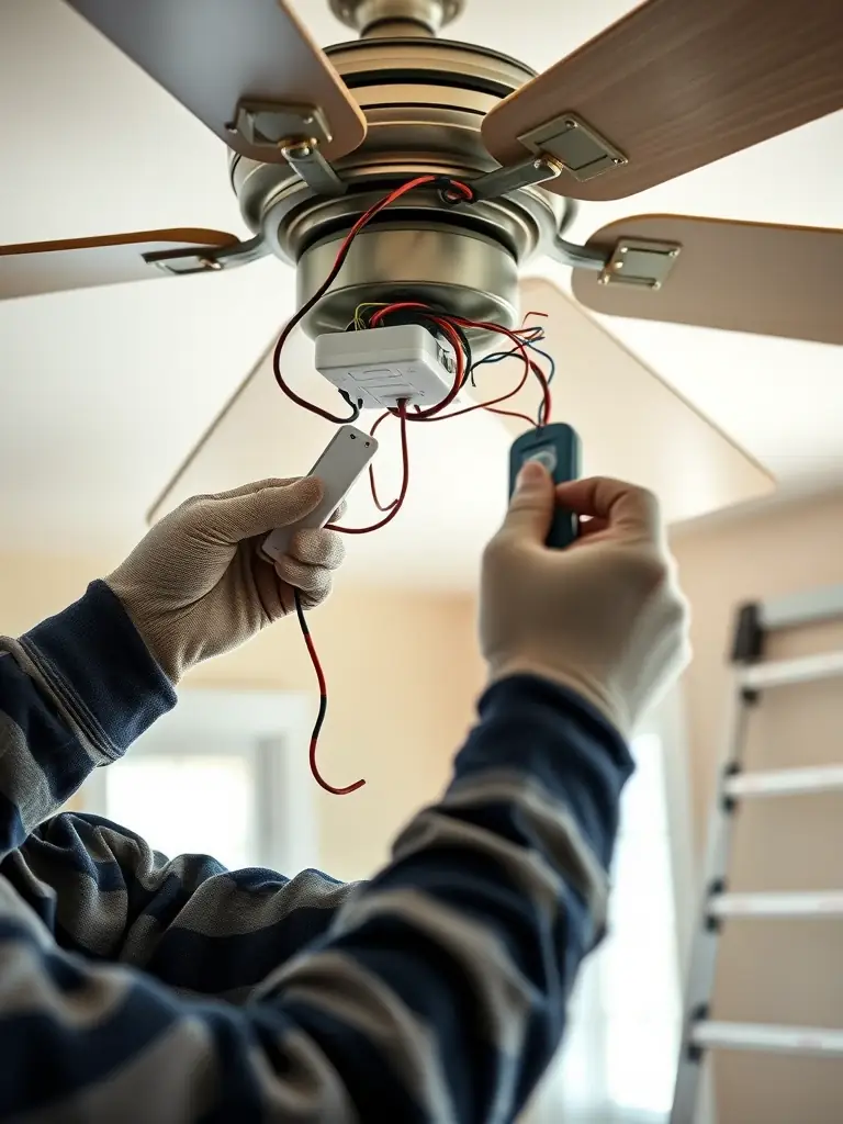 A close-up shot of an electrician connecting the wiring for a ceiling fan with a remote control module, ensuring seamless operation.