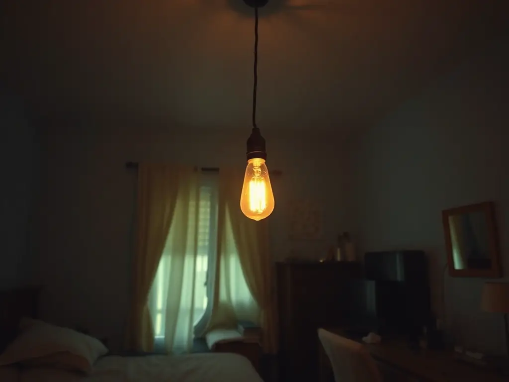 A dimly lit room with a flickering light bulb, emphasizing the inconvenience and potential safety concerns of unstable electrical lighting.