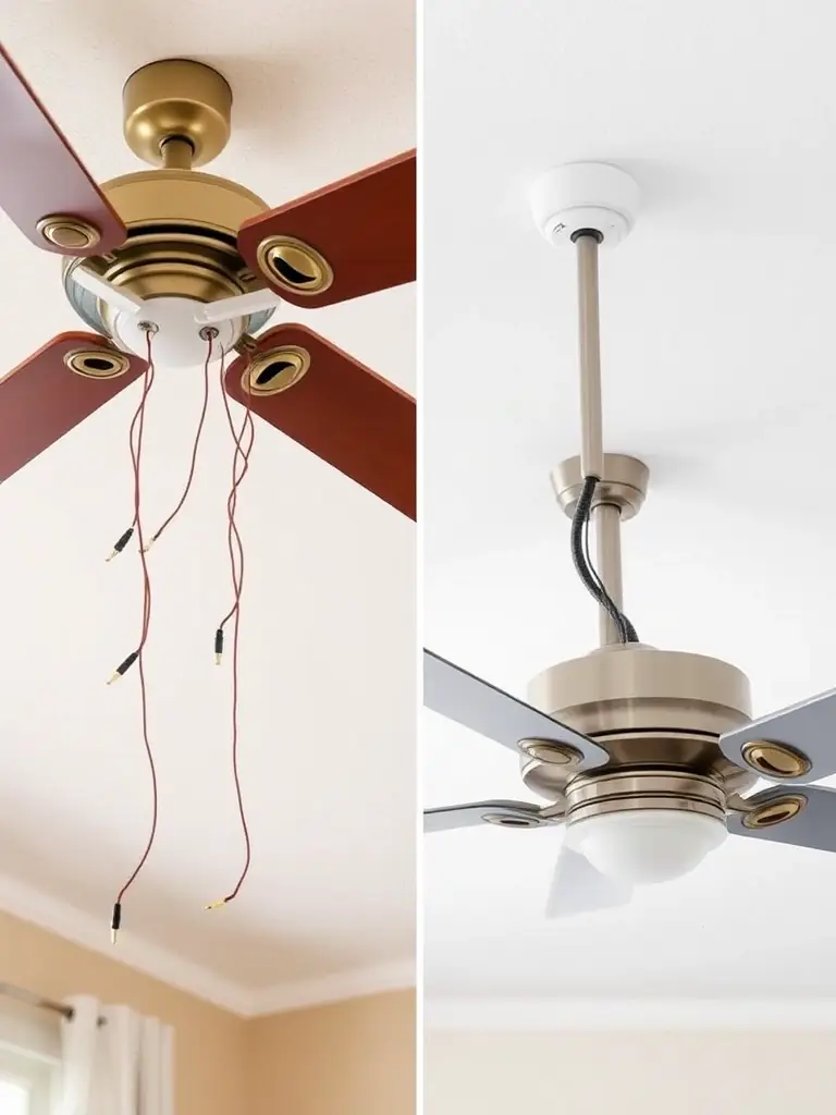 A split image showing a poorly installed ceiling fan with exposed wires on one side, and a professionally installed fan by Omega Electric Inc. with clean, concealed wiring on the other.
