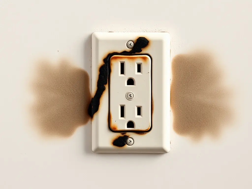 A picture showing scorch marks around an electrical outlet, with a visible burning smell in the air. The image is used to depict the warning sign of burning smells or scorch marks indicating overheating wires.