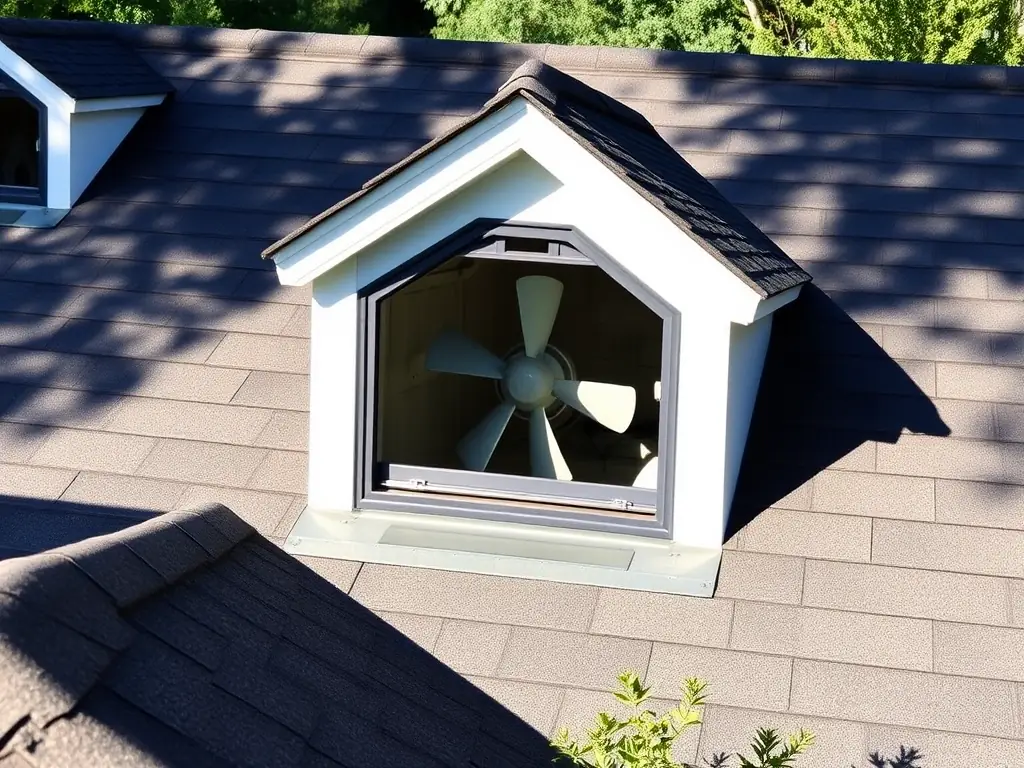 An exterior shot of a house showing the attic vents, with a subtle indication of the attic fan working inside.
