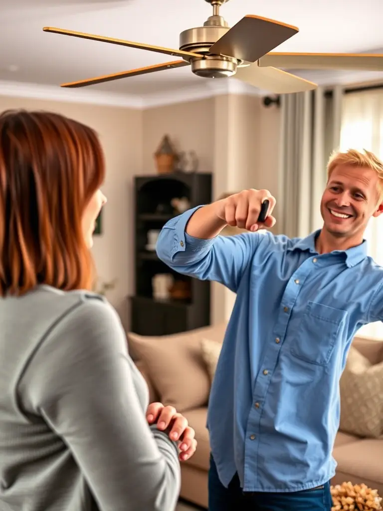 An Omega Electric Inc. electrician explaining the features of a newly installed ceiling fan and remote control to a satisfied homeowner in their living room.