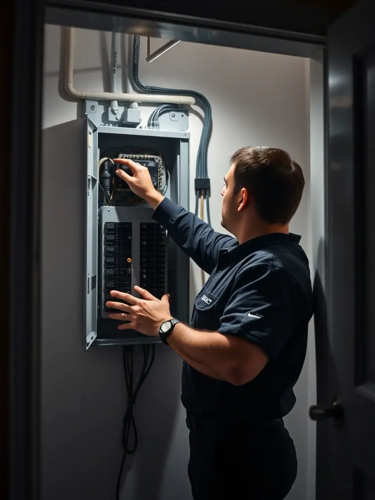 A Berks County home's electrical panel being upgraded by an Omega Electric electrician, showcasing a modern, neat installation.