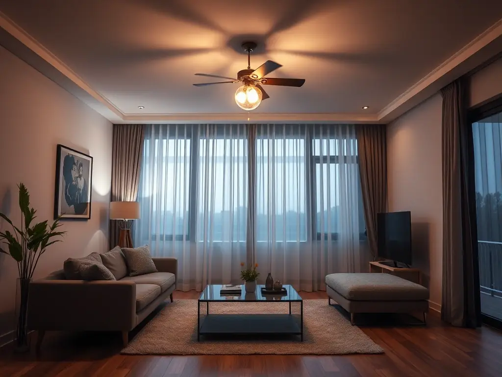 A photo of a room with flickering lights, illustrating the annoyance and potential underlying electrical problems that can cause such issues.