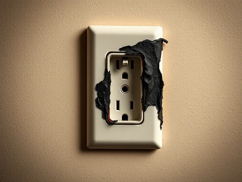 An image of a damaged electrical outlet with visible burn marks, emphasizing the importance of prompt outlet repair and replacement to prevent electrical fires.