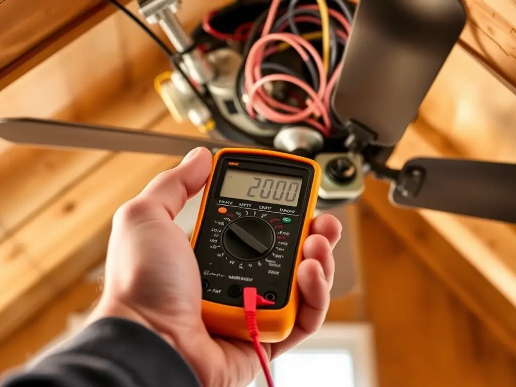 A close-up shot of an electrician inspecting the wiring of an attic fan, using a multimeter to check the electrical connections.