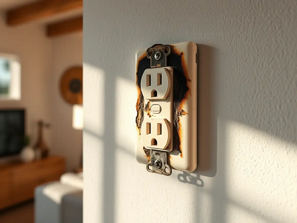 A close-up shot of a damaged electrical outlet with visible burn marks, indicating a need for immediate repair, set in a residential home environment.
