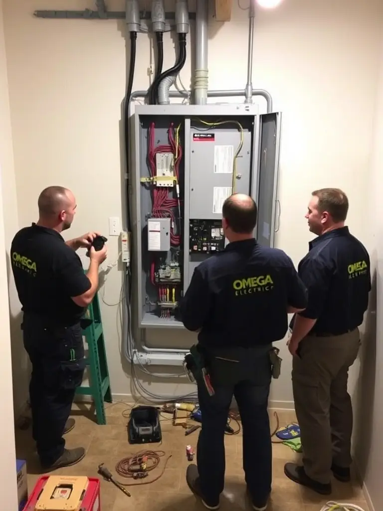 A photograph of Omega Electric Inc.'s team completing a 100 to 400 amp service upgrade at a residential property in Montgomery County, PA, showcasing the new electrical panel.