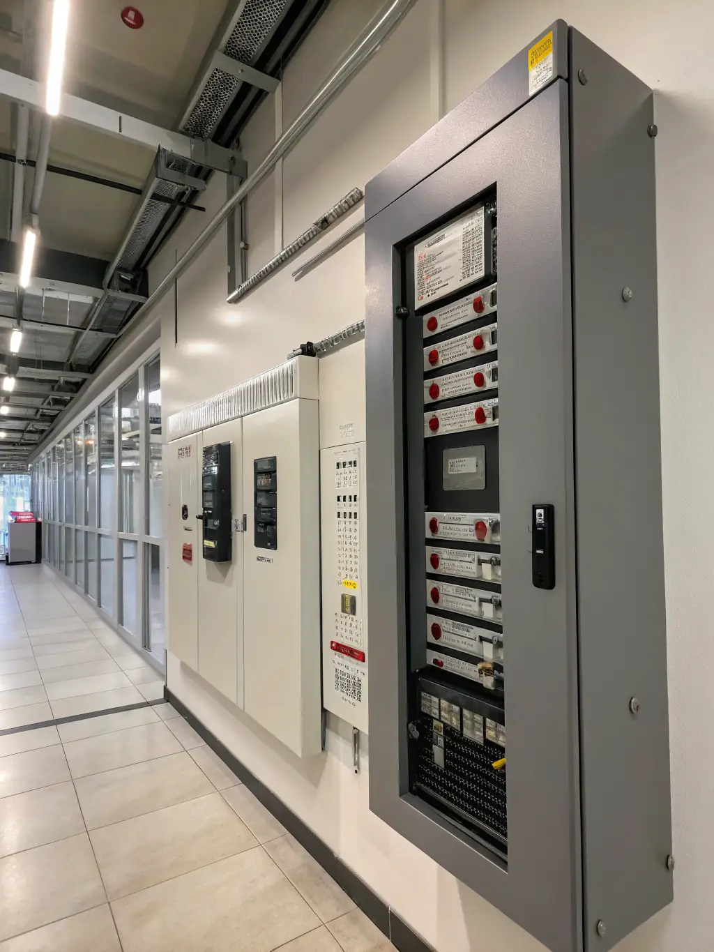 A modern electrical panel with neatly arranged breakers, showcasing a safe and efficient electrical system in a residential setting. The image should convey reliability and peace of mind.