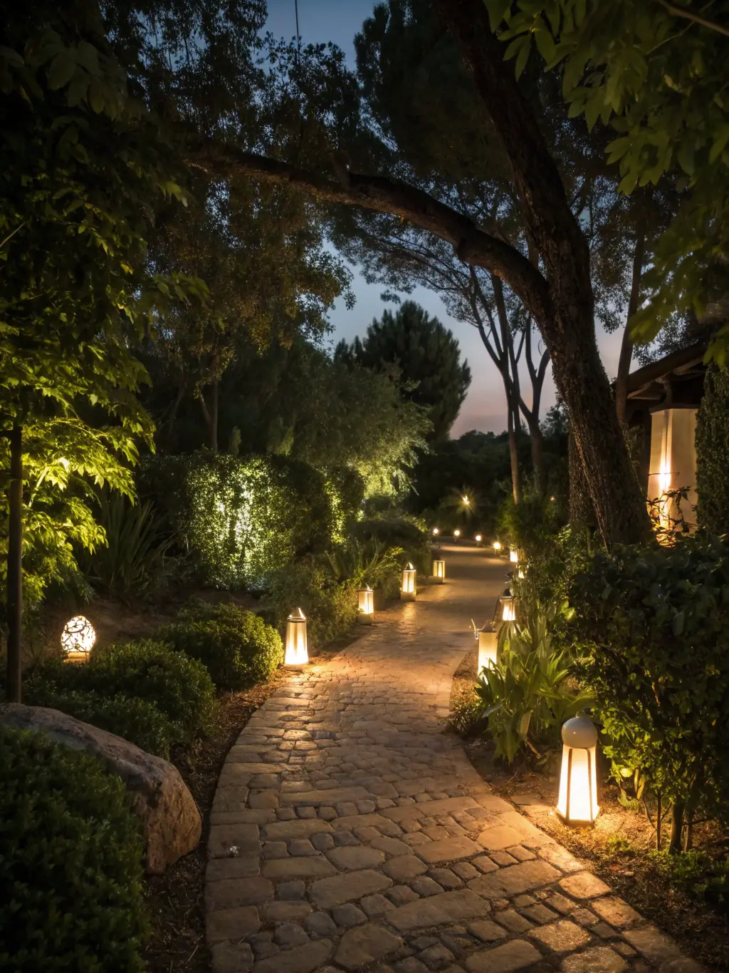 A well-lit garden with accent lights highlighting various plants and trees, creating a visually appealing and secure outdoor space at night.