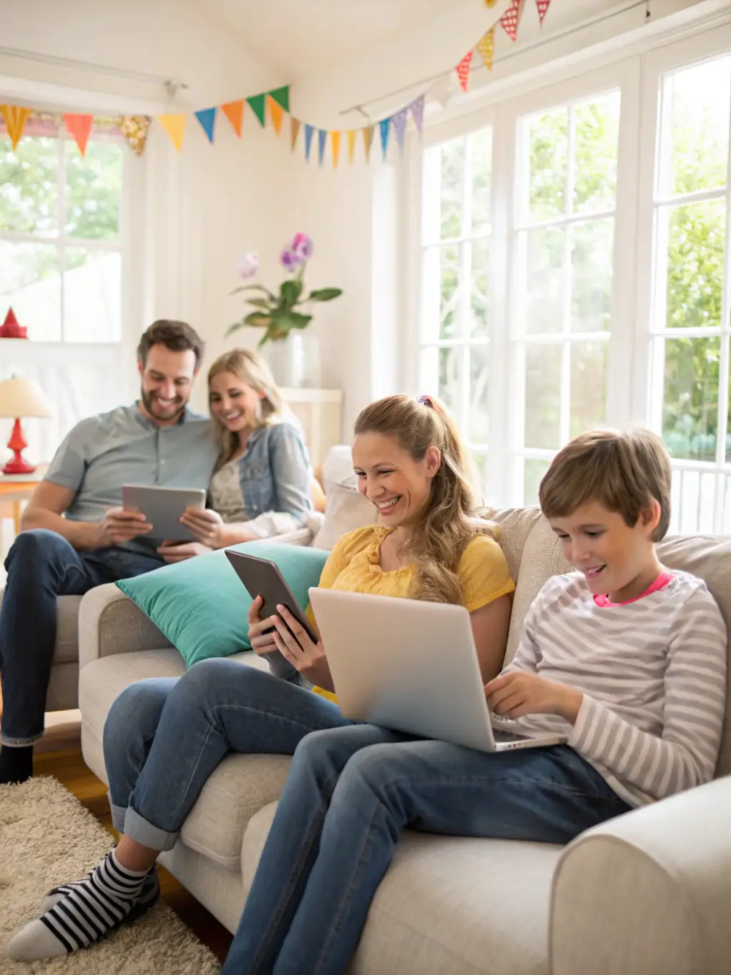 A photo of a family smiling in their living room, with modern electrical outlets and devices visible, symbolizing the convenience and safety of updated wiring.