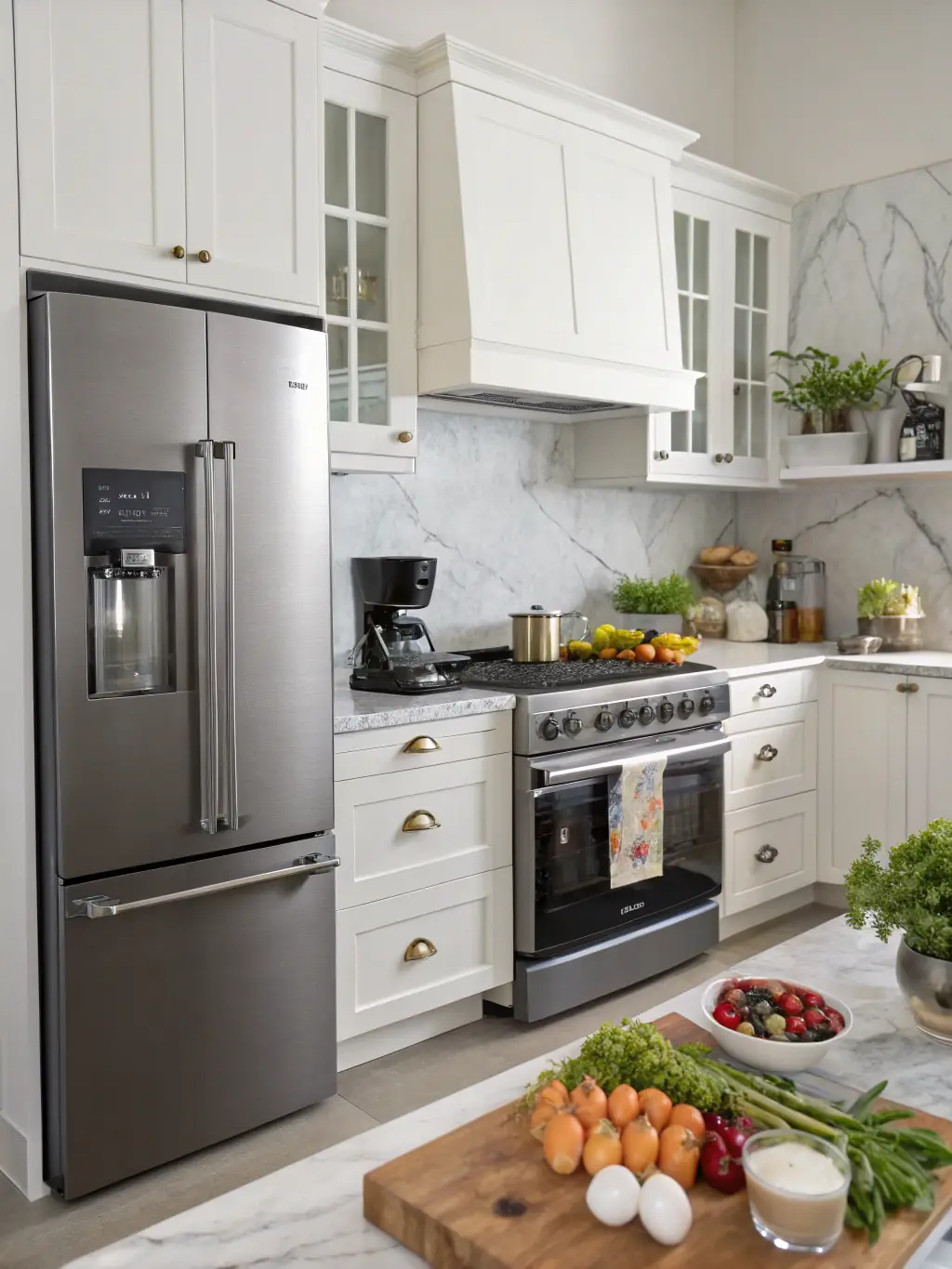 A photo of a modern kitchen with several appliances running simultaneously without any issues, showcasing the benefit of preventing overloads through circuit separation.