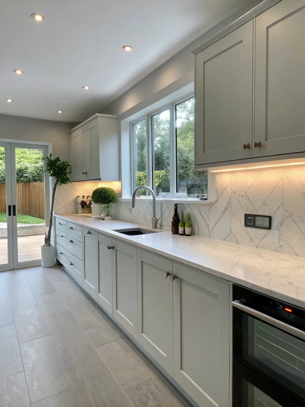 A well-lit shot of recessed lighting installed in a modern kitchen in a home in Montgomery County, PA. The lighting is warm and inviting, and the image emphasizes the aesthetic appeal and energy efficiency of recessed lighting.