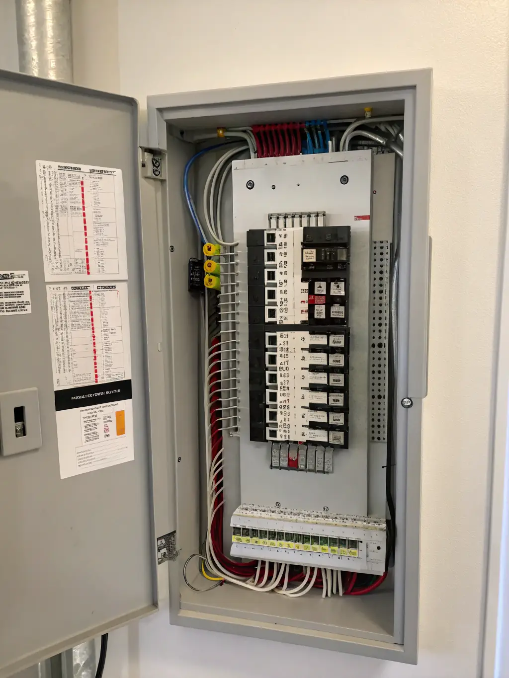 A high-resolution photo of a modern electrical panel installed in a home, showcasing its neat wiring and safety features, emphasizing the contrast with older systems.