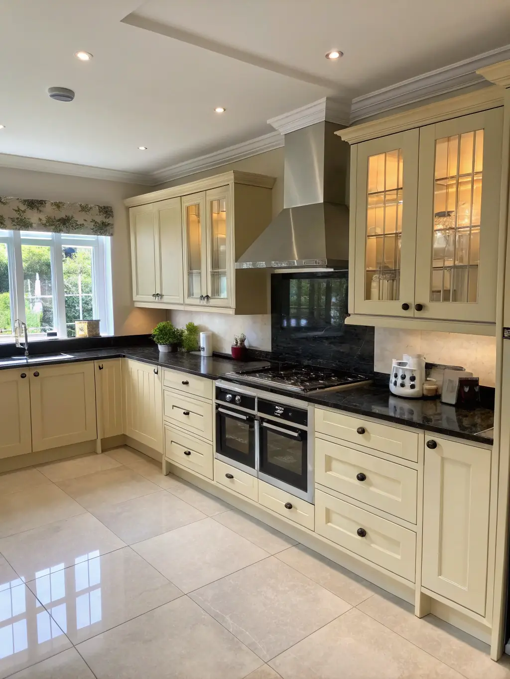 A modern kitchen with newly installed recessed lighting, showcasing a clean and bright aesthetic. The lights are evenly spaced, providing ample illumination for cooking and dining.