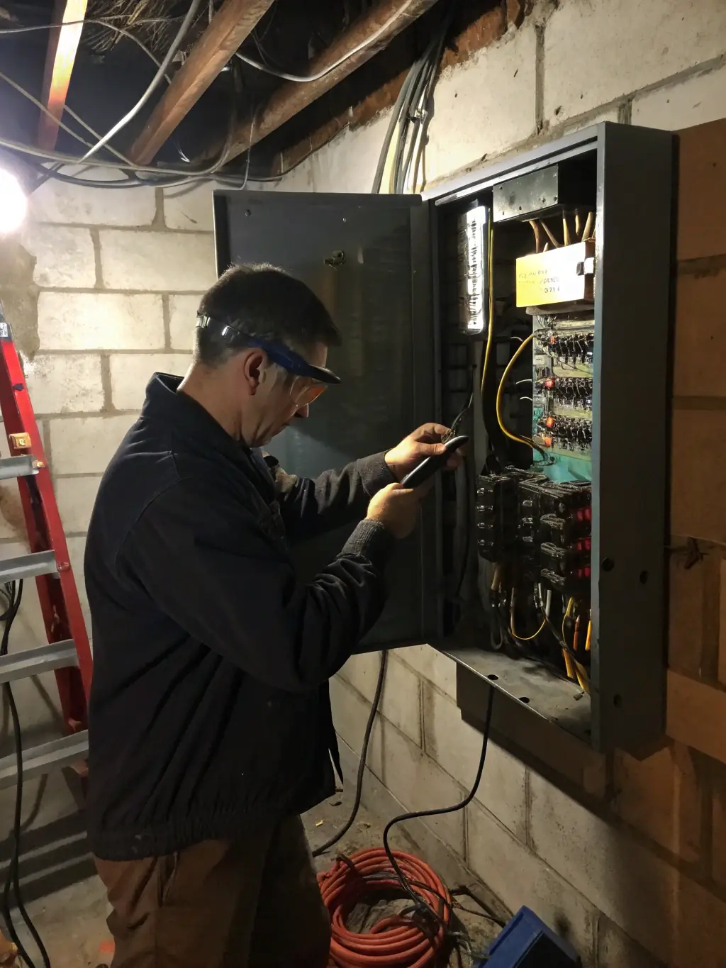 A close-up shot of an electrician's hands working on a circuit breaker panel, with various wires and components visible. The electrician is using a screwdriver to tighten a connection.