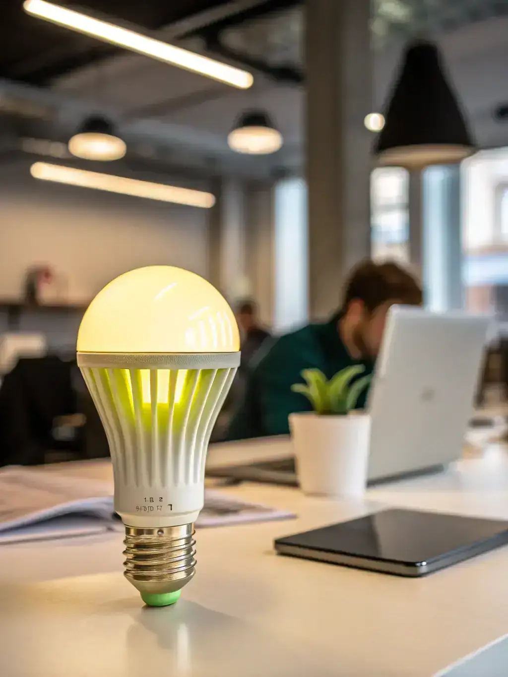 A close-up shot of an LED bulb illuminating a room, highlighting its energy efficiency and warm, inviting light, suitable for showcasing the benefits of LED lighting on an electrician's website.