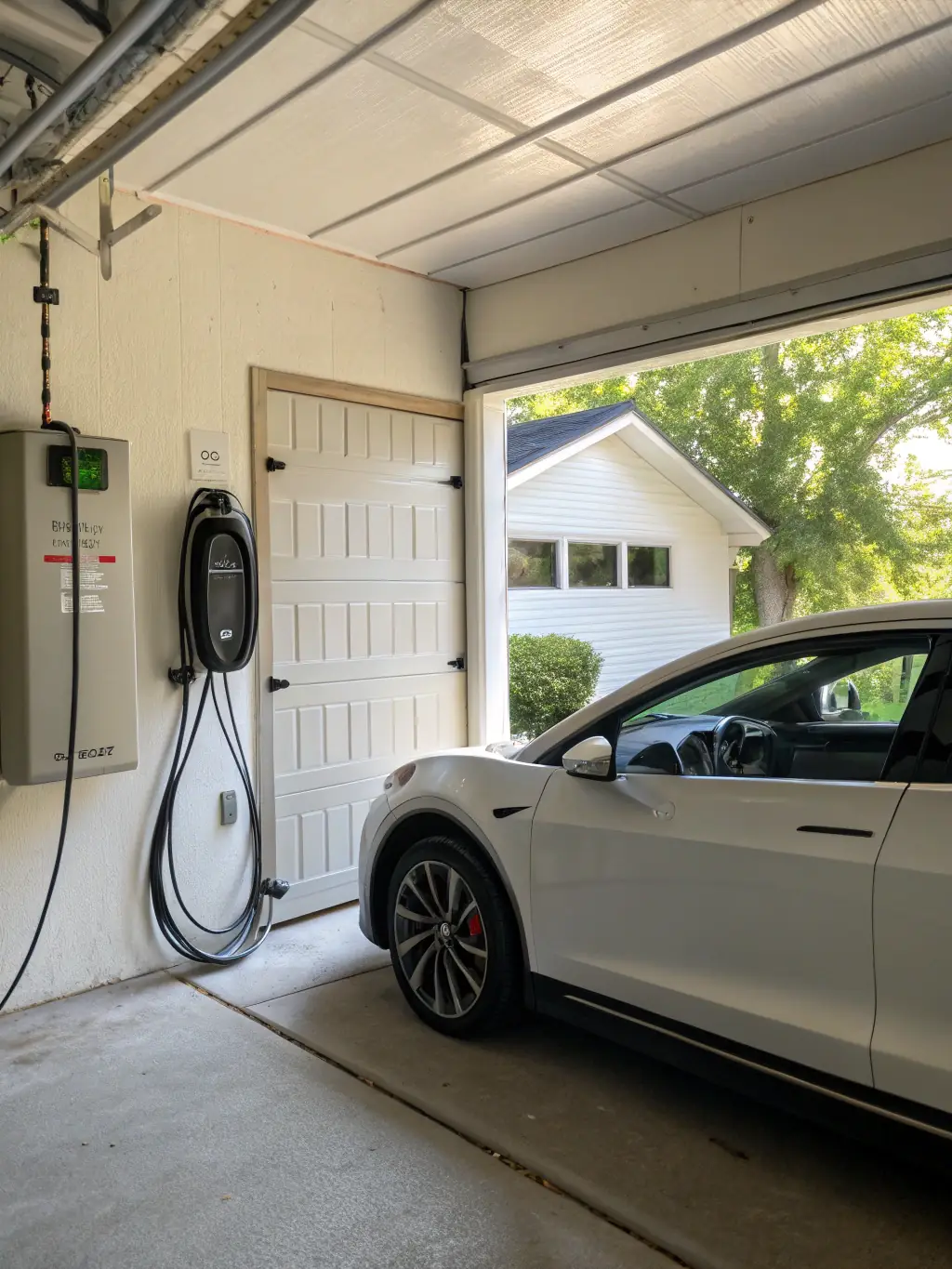 A Level 2 EV charger mounted on the wall of a commercial building, with a sleek design and a clear display showing charging status.
