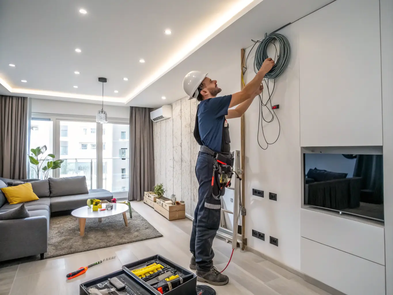 A high-angle shot of an electrician carefully rewiring an old home's electrical system, focusing on the updated wiring and safety measures implemented.