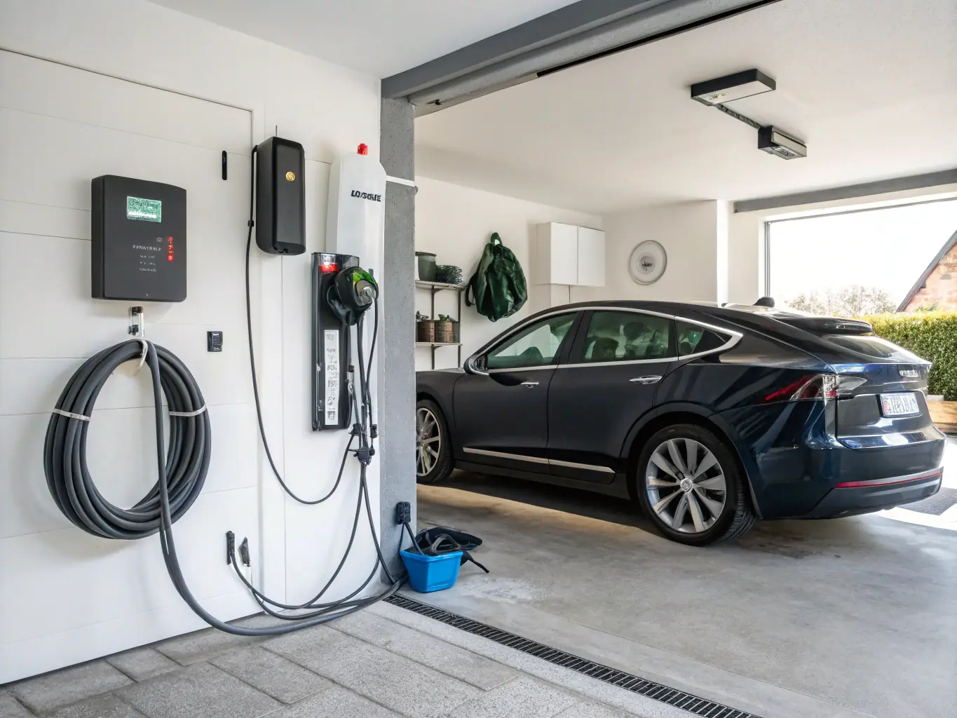 A close-up shot of a newly installed electric vehicle (EV) charging station in a residential garage, highlighting the modern technology and ease of use.