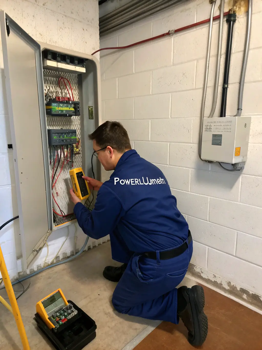 A professional electrician from Omega Electric Inc. inspecting a home's electrical system with modern diagnostic tools, ensuring everything is up to code and functioning correctly.