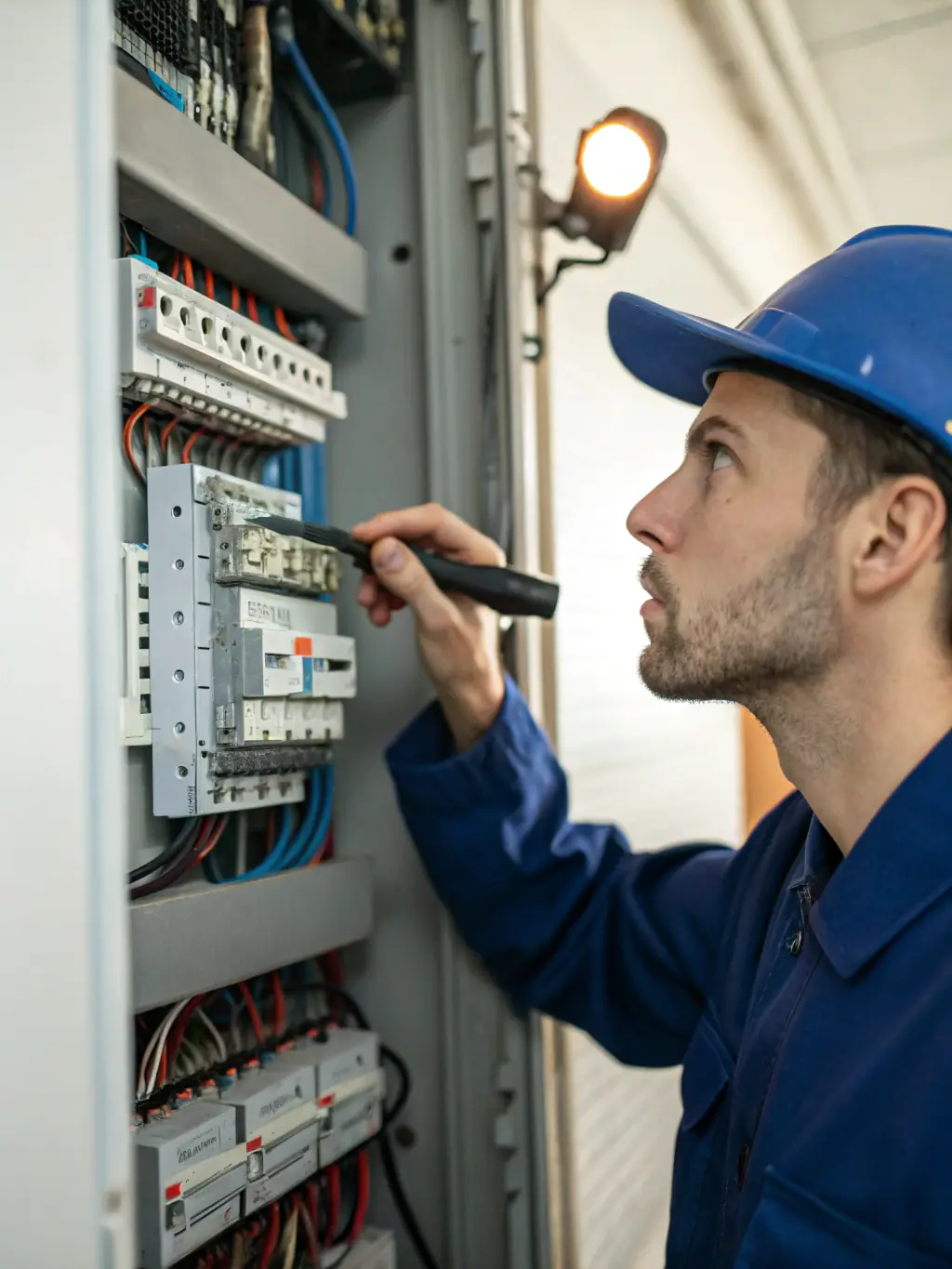 A technician inspecting an older electrical panel, contrasting it with a modern panel to highlight the advancements in technology and safety. The setting is a basement.