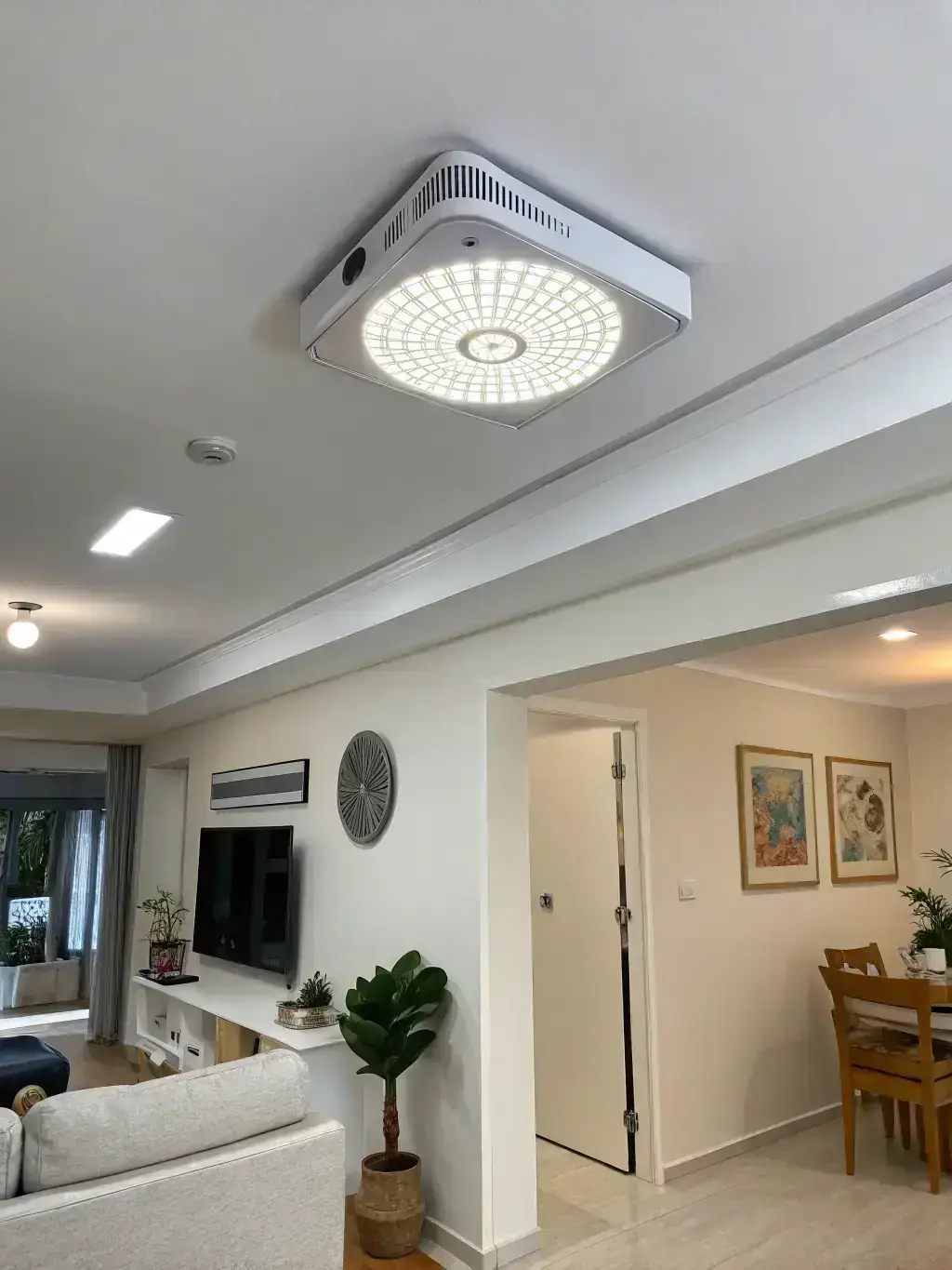 A long-exposure shot of an LED light fixture, demonstrating its long lifespan and consistent performance over time, ideal for illustrating the durability of LED lighting on an electrician's website.