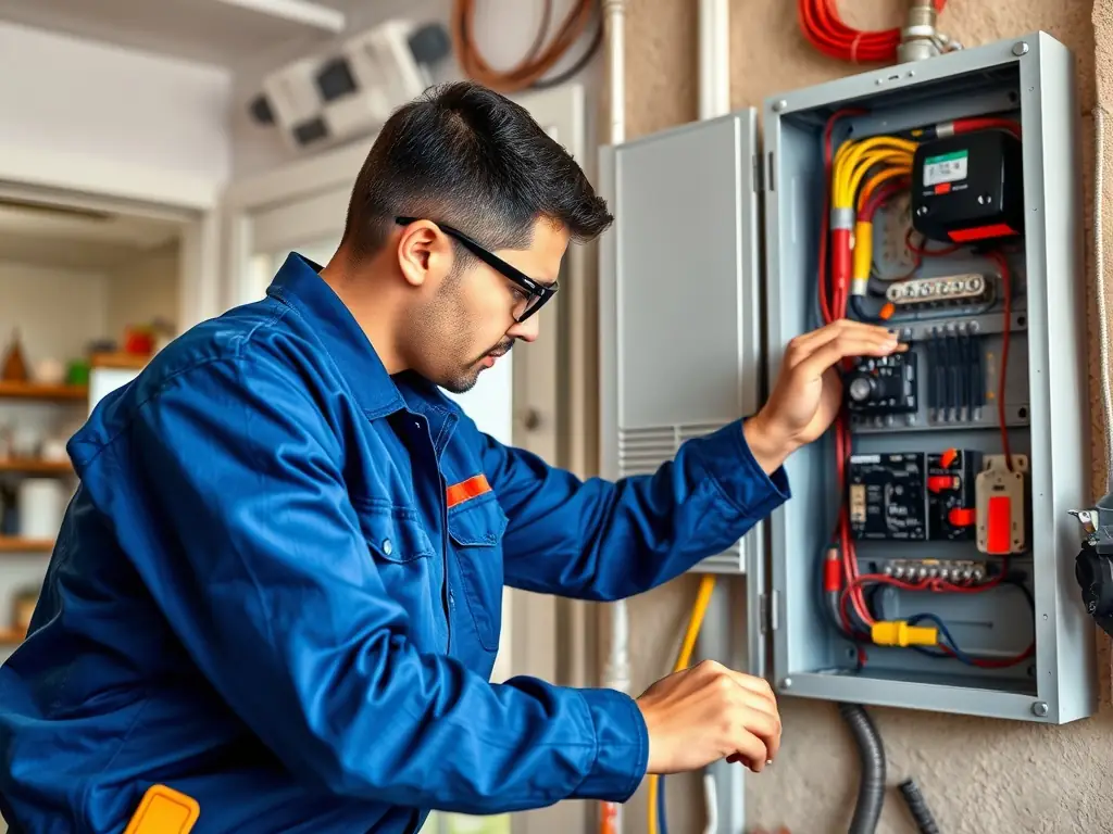 An electrician working on a residential electrical panel, upgrading it from 100 to 200 amps, with a focus on safety and precision in the wiring and connections.
