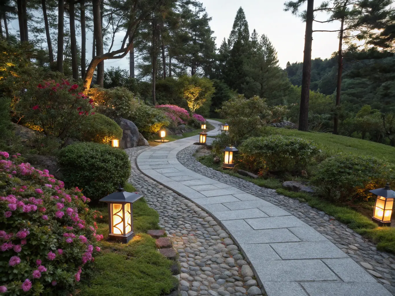 A softly lit garden pathway at dusk, showcasing low-voltage LED path lights that guide the way through lush greenery, installed by Omega Electric Inc.