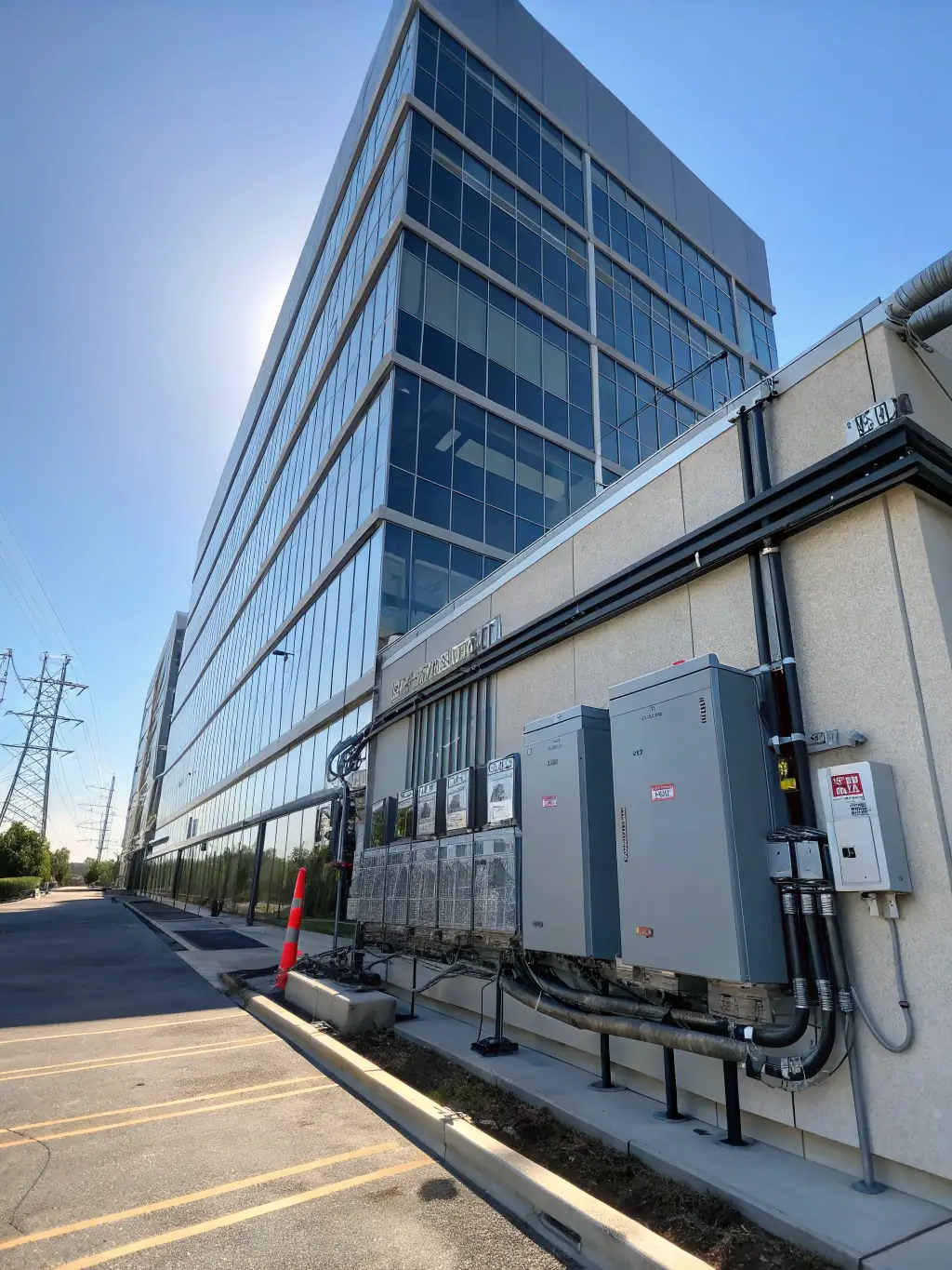 A commercial building with energy-efficient lighting and equipment, emphasizing the cost savings associated with a modern electrical panel. The scene is during daytime.