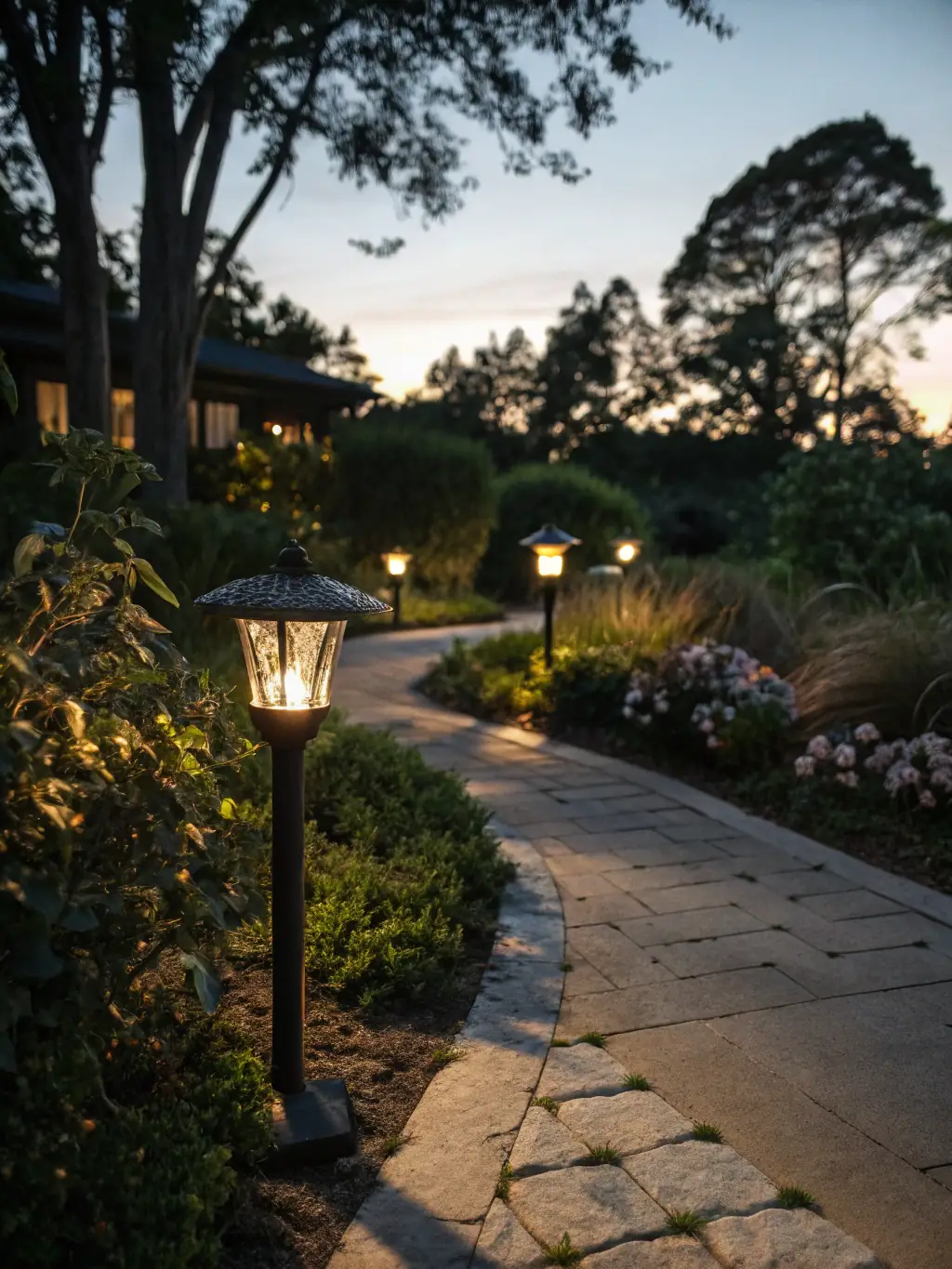 A close-up shot of pathway lights illuminating a stone walkway leading to a house at dusk, showcasing the warm and inviting ambiance created by professional landscape lighting.