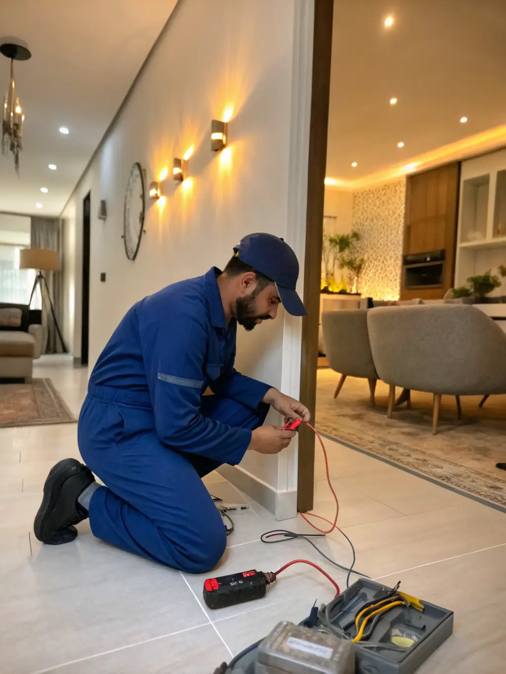 A close-up shot of an Omega Electric Inc. electrician carefully wiring a ceiling fan, ensuring all connections are secure and up to code, set against a blurred background of a residential living room.