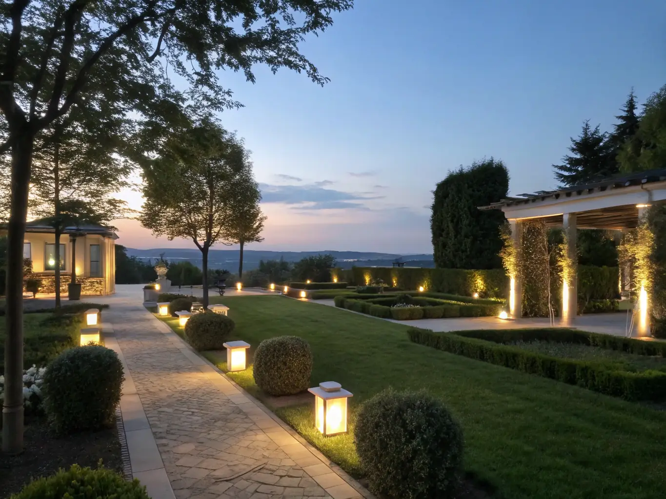 A well-lit backyard with strategically placed landscape lighting installed by Omega Electric Inc. in a residential property in Montgomery County, PA.