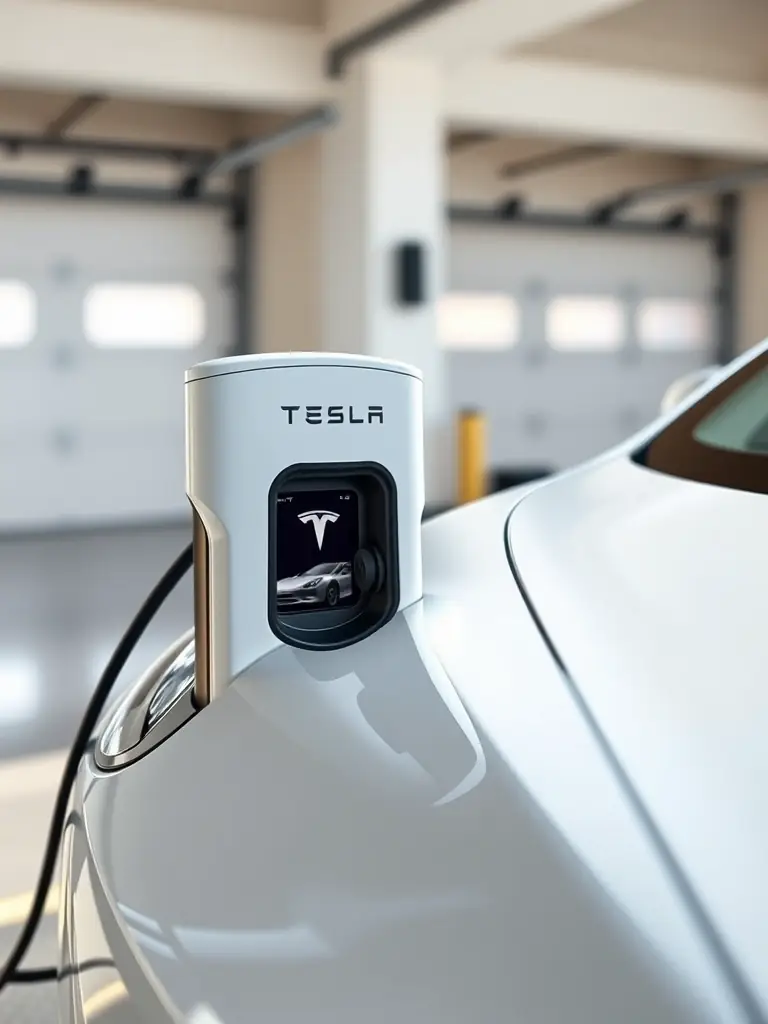 A Tesla Wall Connector installed in a home garage, highlighting its compatibility with Tesla vehicles and its advanced features.