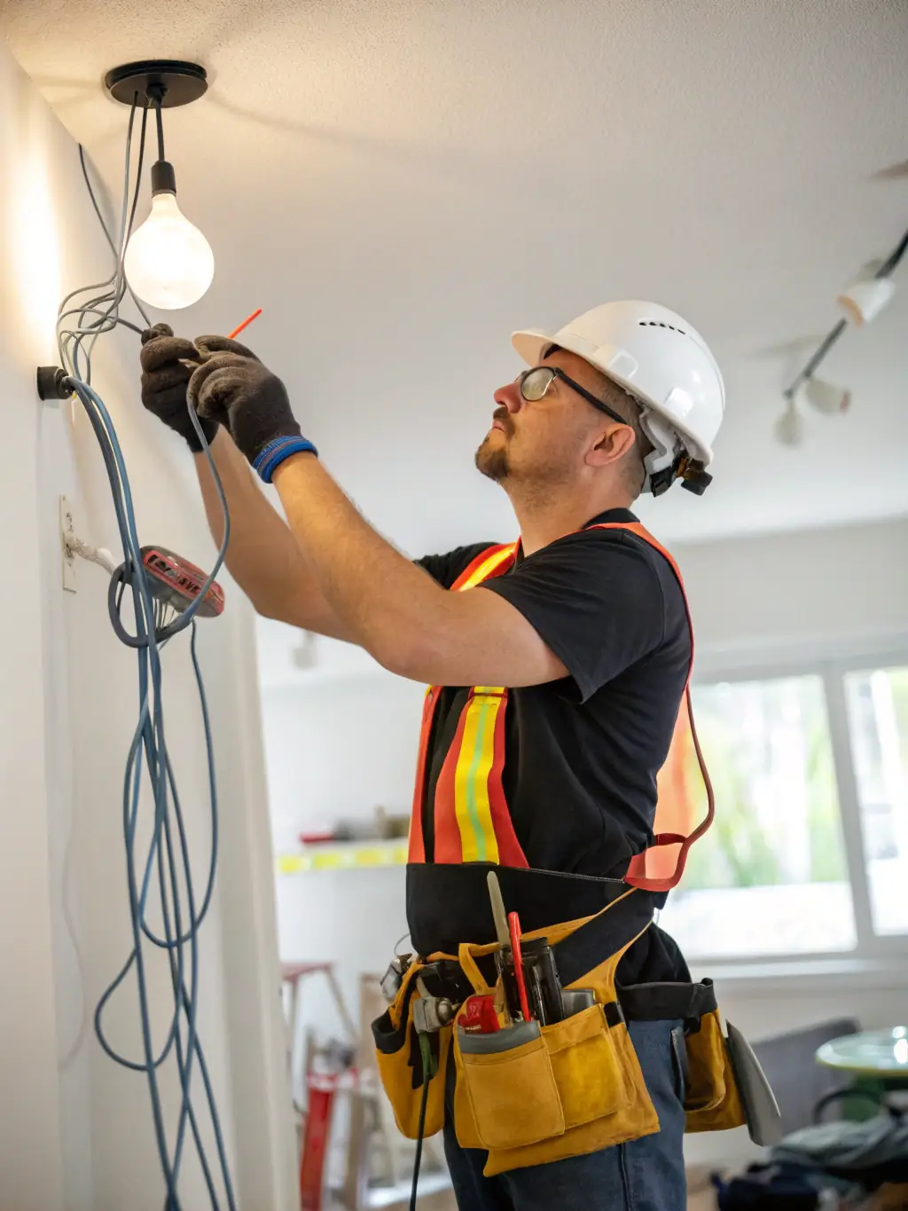 A modern LED light fixture being installed in a ceiling. The electrician is carefully connecting the wires, and the surrounding area is clean and organized.