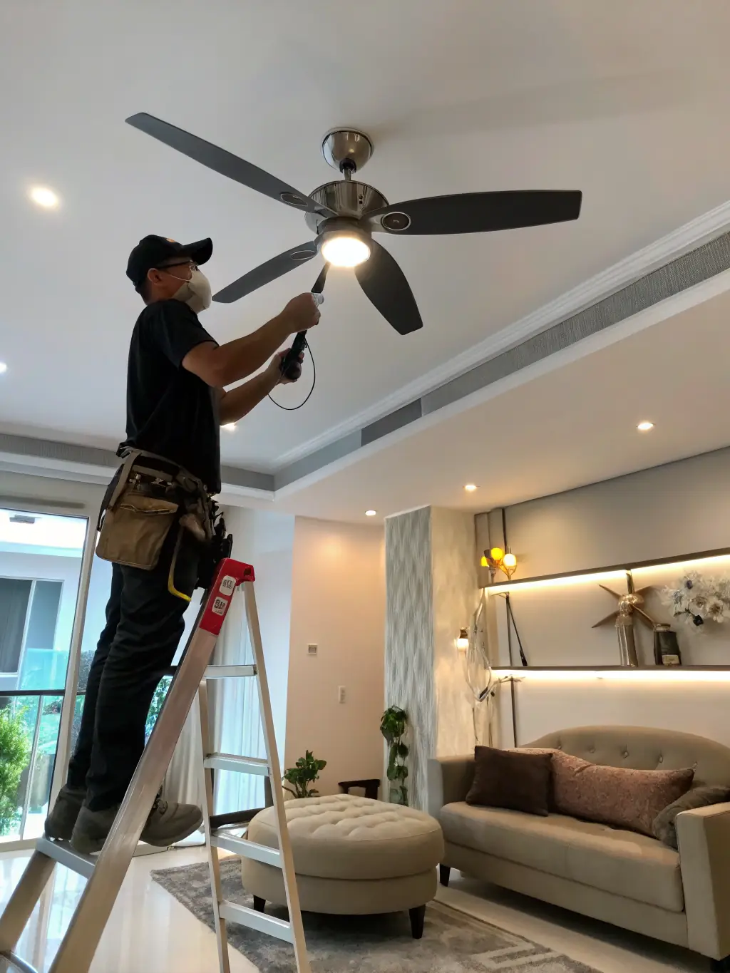 An electrician is installing a modern, minimalist ceiling fan in a contemporary bedroom, ensuring proper wiring and secure mounting.