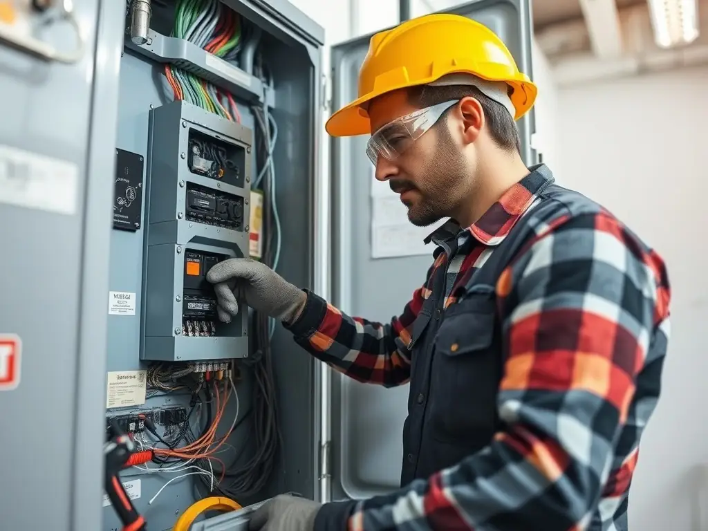 An electrician inspecting an electrical panel in a commercial building, highlighting the importance of regular electrical safety inspections.