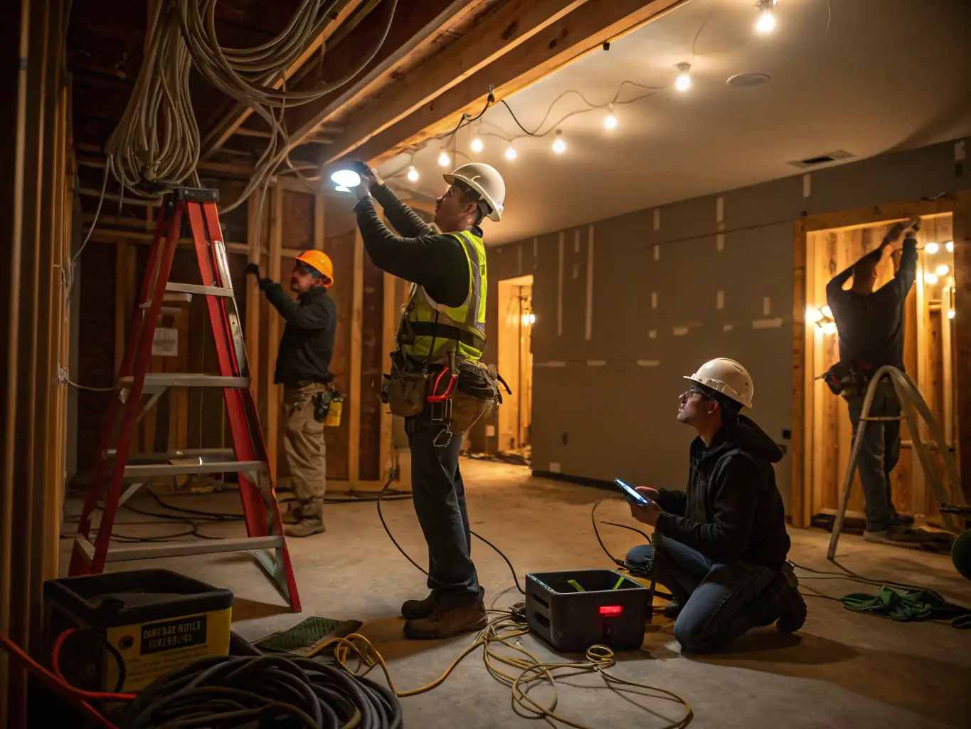 A commercial building undergoing an electrical service upgrade, showing the installation of new electrical panels and wiring.
